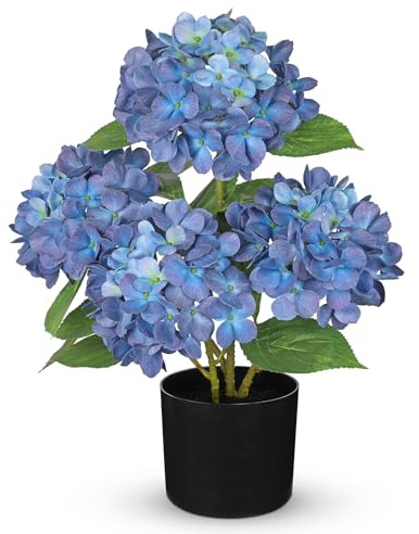 Hollyone Künstliche Hortensie im Topf, Blau Hortensien Kunstblumen mit 4 Blütenköpfe Deko Blume mit Topf Seidenblume für Haus Bad Büro Tisch Dekoration