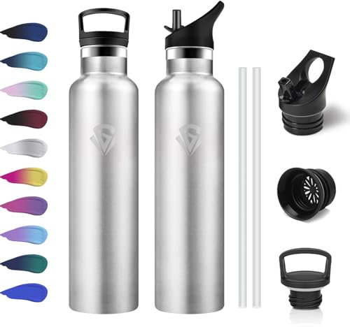 Botella Agua Deporte 1L, Cantimplora Acero Inoxidable Reutilizable con Doble Pared Aislada, sin BPA, Cantimplora Termica, Botella Gym para Adultos, Escuela, Oficina, Viajes, Senderismo, Running