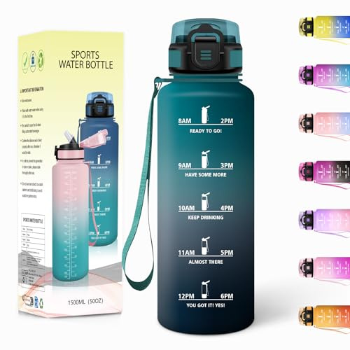 Borraccia, 1500ML Con Paglia, Borraccia Palestra Senza BPA, Borracce con Cannuccia, Bottiglia d'acqua Motivazionale con Indicatore del Tempo, Bottiglia Acqua per Palestra, Yoga - Verde scuro&Grigio