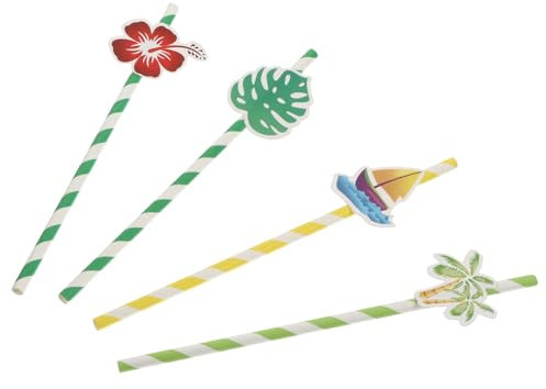 Vaguelly 40 pièces Pailles Papier Hawaïennes Lot de Thème Tropical avec Voiliers et Fleurs Fournitures de Fête pour Cocktails et Boissons