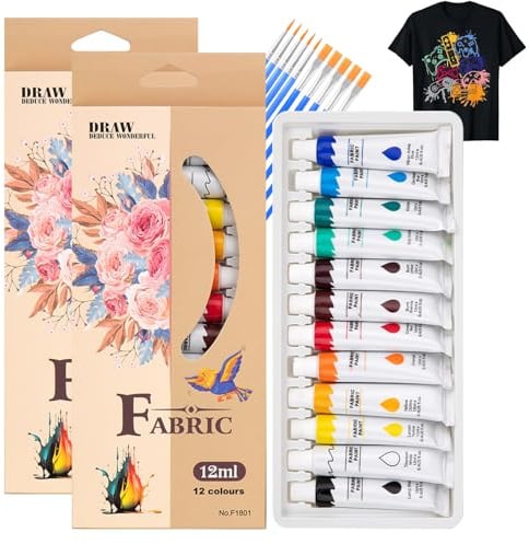 KEORHEZ 2 Stück Textilfarbe Waschmaschinenfest 12 Farben Je 12 ml Textilfarbe Set Mit 10 ölmalpinseln Geeignet Für T-Shirts Schuhe Taschen Usw