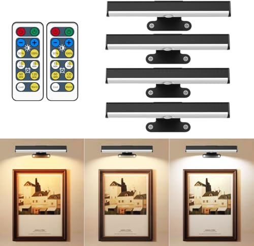 Bilderleuchte, batteriebetriebene LED-Wandleuchte für Gemälde, kabellos, dimmbar, Rahmenlicht mit Fernbedienung, 3 Beleuchtung, magnetisches Licht für Kunstwerke, Portrait, Wanddekoration, 4 Stück