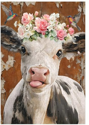 Ulord 300 Teile Puzzle für Erwachsene Kuh mit Kolibri Puzzles 38x26 cm | Rustikal Puzzle für Erwachsene und Kinder Heimdekoration Geburtstagsparty Geschenk Spielzeug