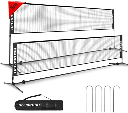HELIORUSH Badmintonnetz Outdoor Höhenverstellbar, 3/4/5m Tragbares Volleyball Netz für Garten mit Stabiler Stahlrahmen & HDPE Netz, Federballnetz für Garten, Pool, Strand, Tennis, Kinder & Erwachsene