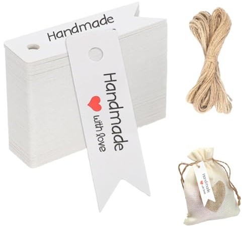 KAHZOR 100 Pezzi Etichette Cartoncino con Foro Con Corda Da 20 M, Etichette Regalo, Da Appendere, Tag Regalo Mini Etichettes Con Spago Per Matrimoni, Compleanni E Natale (Bianco, 7x2cm)
