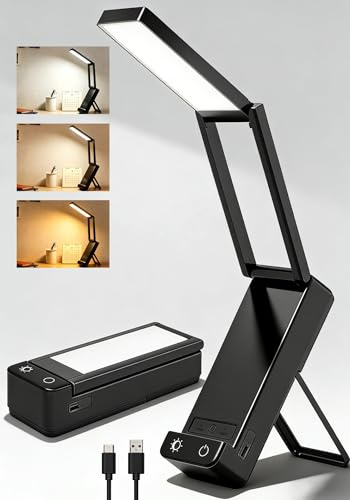 EZVALO Schreibtischlampe, 6000mAh, kabellos, faltbar, dimmbar, Schwarz | Für Nageldesign, Basteln, Lesen und Stromausfall geeignete tragbare LED Tischlampe mit Akku, 3 Farbtemperaturen, 300LM
