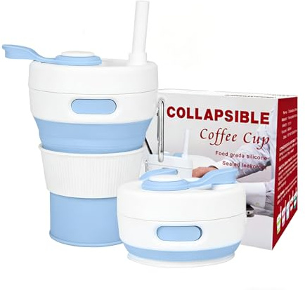 ILVRX Gobelet de voyage pliable avec paille – Gobelet en silicone avec couvercle, 450 ml, réutilisable pour camping, randonnée, voyage et pique-nique