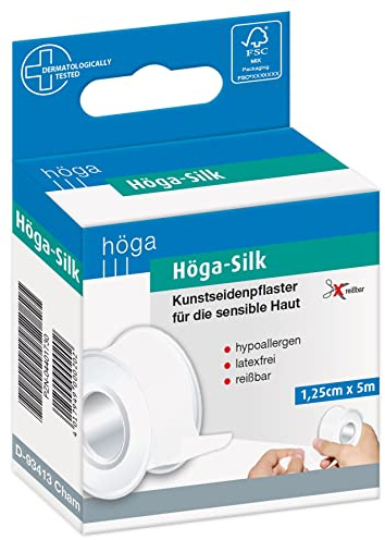 Höga-Silk Kunstseidenpflaster, für die empfindliche Haut - 1,25 cm x 5 m – längs- und quer reißbar, hypoallergen, 2er-Pack.
