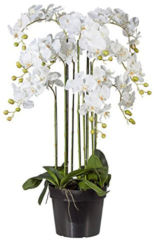 Kunstblumen PHALENOPSIS ca 110 cm weiß, Weiss (Orchidee) im schwarzen Kunststofftopf 27,5 cm.
