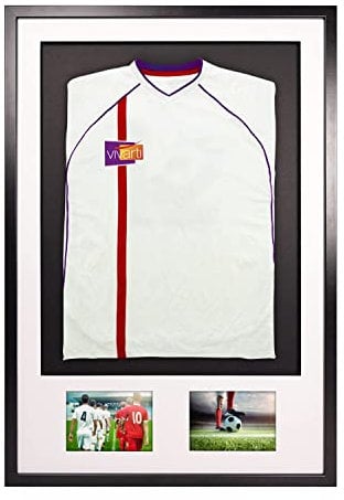 Vivarti DIY Adult 3D Mounted + Double Aperture Sports Shirt Display Frame for Football Shirt, Rugby Shirt, Band T-Shirt Shadow Box - 61 x 91.5cm - Black Frame, White Mount, Black Backing Card