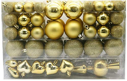 Geschenkestadl 101 Stück Christbaumschmuck Kugeln und Baumspitze 100 Metallhaken, Gold, Ø 3 cm, Ø 6 cm, Ø 4 cm