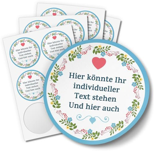 24 INDIVIDUELLE runde Etiketten SELBER GESTALTEN: Blumenkranz Herz Rahmen blau - Personalisierte Aufkleber für Taufe, Muttertag, Valentinstag, Produkte, Ostern, Weihnachten, Konfirmation, Geburtstag