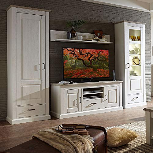 Lomadox Landhaus-Wohnzimmer Wohnwand inkl. LED-Beleuchtung in Pinie weiß mit Abs. Taupe