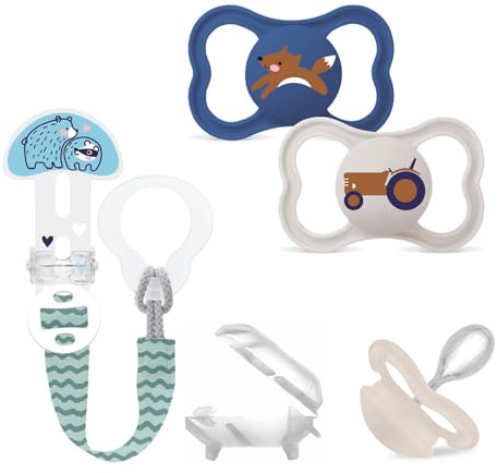MAM Dental Schnuller Supreme, 2er Pack uni, 6-16 Monate, Skin Soft Silikon, haut- und zahnfreundlicher Schnuller + Mam Clip it!