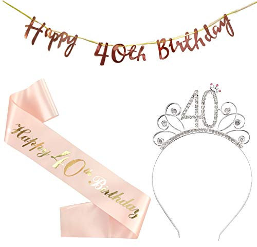 40 Compleanno Fascia Oro Rosa 40 Anni di Compleanno Donna Tiara Birthday Corona per Compleanno 40 Coroncina di Compleanno Happy Birthday Banner Decorazioni Accessori per Compleanno Ragazza