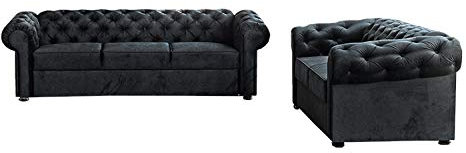 MOEBLO Wohnlandschaft 321 Chesterfield 3-Sitzer, 2-Sitzer Samtbezug Polstersofa Sofas Couch für Wohnzimmer Loungesofa Federkern Vintage Design Avia (Schwarz)