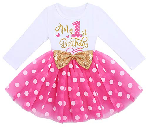 FYMNSI - Vestito da bambina per il compleanno, la festa di 1, 2 o 3 anni Abito in cotone a maniche lunghe pois, tulle principessa., – mio primo 12 mesi