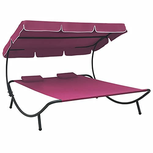 Tidyard Sonnenliege Doppelliege mit Dach und Kissen für 2-Personen Doppel Gartenliege mit Sonnendach für Garten oder Balkon, 200 x 173 x 135 cm Rosa