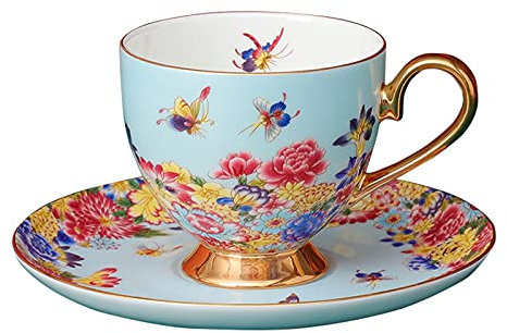 fanquare Taza de Café Colorida y Platillo con Cuchara,Taza de Mariposa de Flores, Taza de Té de Porcelana Fina, Regalos de Cumpleaños únicos, Azul