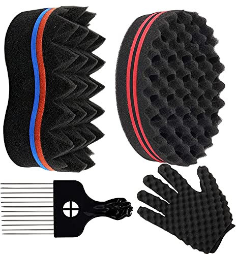 Zasvec Twist Sponge 2 Stück Haarbürste Schwamm Curl Sponge Doppelseitiges Magic Curl Schwamm Haarschwamm mit Metall Kämme und Lockenwickler Handschuhe für Afro Coil Haar