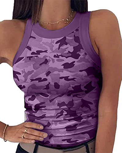 Onsoyours Damen Tank Top Tshirt Sommer Oberteile Sexy Ärmellose Blusen Casual Basic Einfarbige Blusentop Tunika Casual Shirt B Tarnung Lila XXL