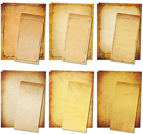 Realistic Parchment Stationery Paper Envelope Set, 48 Pieces Lined Writing Stationary 8.5 x 11 with 24Pcs Self-Sealing Envelopes, Printer Friendly, 6 Antique Vintage Design Aged Old Looking