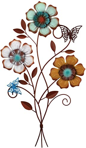 Moxweyeni Tricolor Flower Wall Decor Vintage Metal Wall Art Decor Rustic Hanging Flowers Decorative Metal Floral Art for Home Living Room Bathroom Indoor Outdoor, 15 x 9.1 Inch(1 Piece)