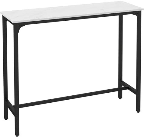 COSTWAY Rectangular Bar Table, 120cm Counter Breakfast Dining High Tables with Footrest and Adjustable Footpads, Metal Frame Pub Coffee Desk for Small Space Kitchen Living Room (White Marble)