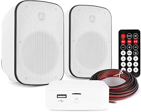 Power Dynamics Outdoor Speaker System - Garden Patio Sound Kit with 2x BD50W Weatherproof White Speakers, Compact Bluetooth Amplifier & Speaker Cable - Ideal for BBQ, Pool & Home Events