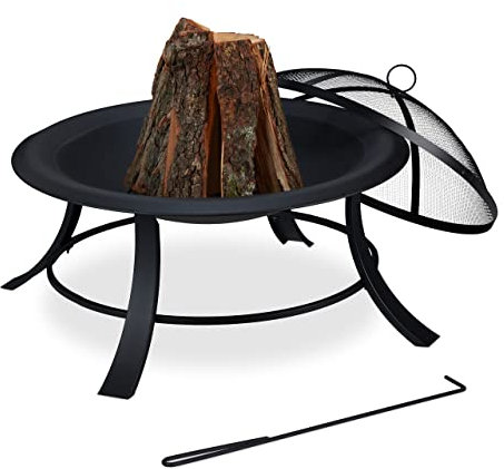 Relaxdays Feuerschale, mit Funkenschutz & Kohlerost, Schürhaken, Garten & Terrasse, Schale Ø 75 cm, Feuerkorb, schwarz