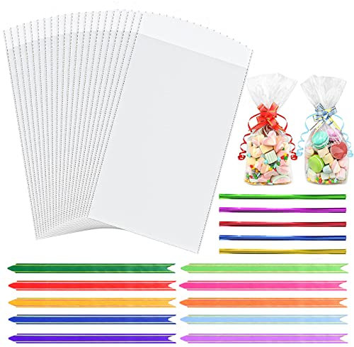 Frendour Cellophane Bags,100pcs (6 x 10 Inches) Clear Cellophane Bags 100pcs Colorful Pull Bows & 100pcs Colorful Ties,Flat Bottom Sweets Clear Bags Gifts Packaging of Christmas, Halloween, Birthday.