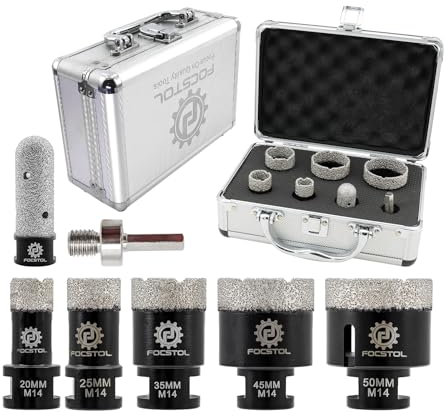 FOCSTOL Punte per Trapano Diamantate - 7 pezzi (20/25/35/45/50mm+20mm Fresa+Adattatore Codolo Esagonale) per Porcellanato Piastrelle Ceramica Marmo Granito