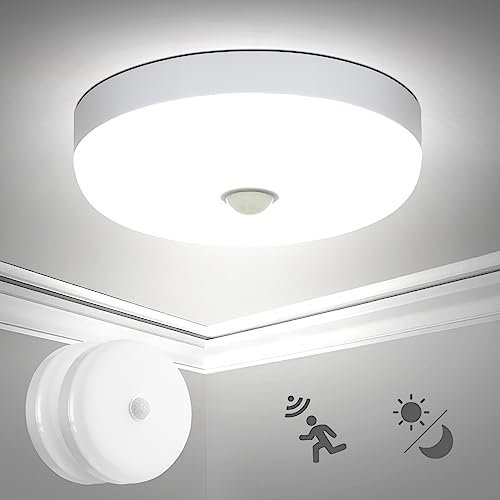 Combuh 2 Stück LED Deckenleuchte mit Bewegungsmelder & Dämmerungssensor, 15W 1500LM Rund Deckenlampe mit Bewegungssensor Innen 6500K Kaltweiß IP56 Wasserdicht für Garage Flur Keller Balkon Ø15CM