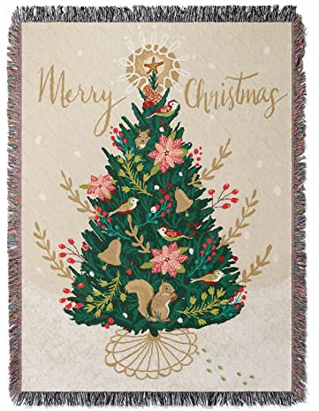 HAOSEM Christmas Tree Throw Blanket Big Woven Cover for Sofa Couch Chair Furniture Retro Beige Tapestry Wall Hanging Home Decor