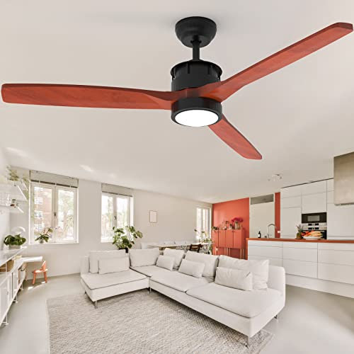 Mostop Ceiling Fan with Lamp, 52'' Ceiling Fan with Light and Remote Control, Wood Ceiling Fan with 3 Blade, for Patio Living Room, Bedroom, Office, Summer House, Brown (HY-052-02)