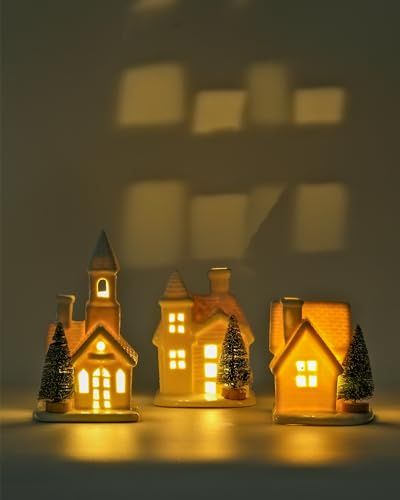 DN DECONATION Light up Christmas Decor Ceramic Village Houses, 3Pcs White Christmas Porcelain Villages with Frosted Trees, Holiday House Figurines Xmas Village Sets for Winter Table Decoration Indoor