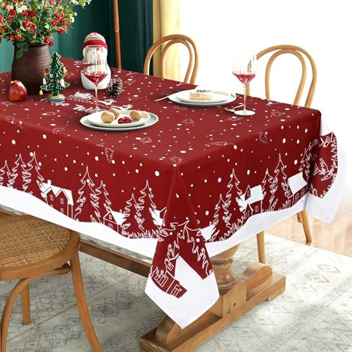 Yrendenge Weihnachtstischdecke Rot Tischdecke Abwaschbar Outdoor Tischtuch Rechteckig wasserdichte, Cartoon Häuser Baum Elch Tablecloth für Winter Ferien Wohnkultur, 140 x 200 cm