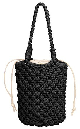 WUURAA Borsa a secchiello fatta a mano da donna in corda cava intrecciata borsa a secchiello da donna borsa a rete borsa a tracolla estiva borsa da spiaggia, Nero