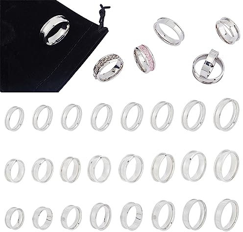 UNICRAFTALE 24 Stück 3 Stile Rohlinge Kern Ringe 8 Größen Edelstahl Rillenring Mit Samtbeuteln Runder Rohlinge Ring Für Inlay Ring Schmuckherstellung Geschenk Edelstahlfarbe