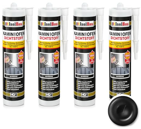 Isolbau Kamin & Ofen Dichtstoff - Feuerbeständige Dichtmasse bis 1500 °C - Für Reparatur & Füllung von Rissen in Kaminen & Öfen - Schwarz, 4 x 300 ml Tube
