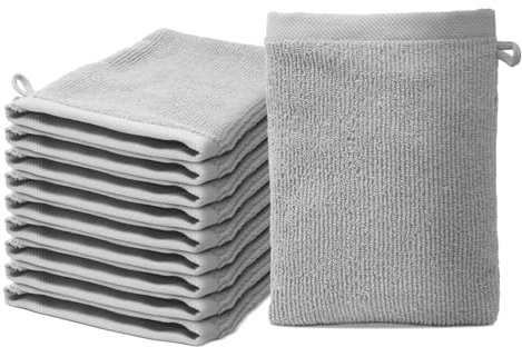 Ôhm Lot de 10 Gants de Toilette 15x20cm | 100% Coton Premium | Epais 500g/m2 | Linge de Bain Doux & Absorbant | Oeko-TEX | Marque Gris Clair