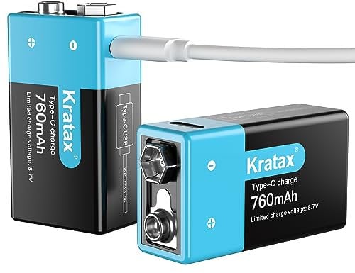 Kratax USB 9v Rechargeable Lithium Batteries,2 Pack 760mAh 9 Volt 6F22 Li-ion Battery,Long Lasting 1500 Cycles PP3 Battery - for Smoke Detectors,Microphones,etc.