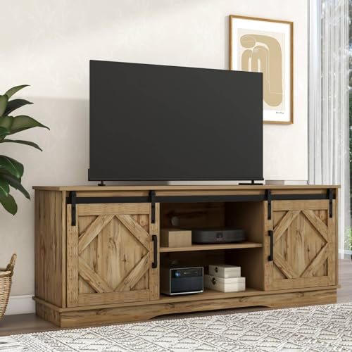 Sweiko Meuble TV, centre de divertissement avec 2 portes coulissantes, meuble TV multifonction avec étagères réglables, meuble TV en bois de qualité supérieure pour salle à manger et salon