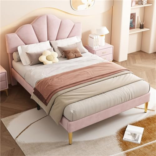 Polsterbett in Form Einer Muschel 140 * 200cm Doppelbett Goldene Eisenbeine Verstellbares Kopfteil Geeignet für Erwachsene und Jugendliche Gästebett Schlafzimmerbett (Rosa)