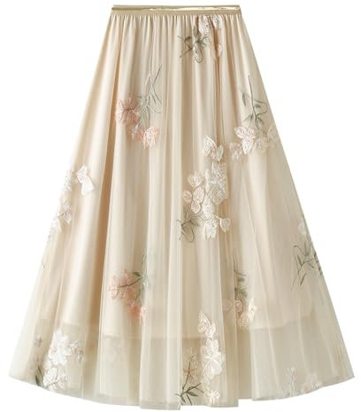 Odizli Tüllrock Damen Lang Sommer Elegant Vintage Blume Stickerei Elastisch High Waist A Linie Swing Rock Plisseerock Faltenrock Midirock Frauen Festlich Fee Tutu Röcke Aprikose-A Einheitsgröße