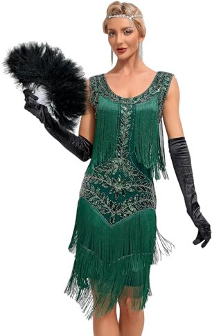 VILOREE Retro 1920er Damen Flapper Kleider voller Pailletten V-Ausschnitt Great Gatsby Motto Party Grün (56) M
