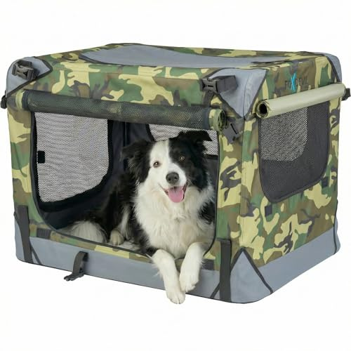 Foxdevil by xonic® Faltbare Hundebox/Katzenbox für mittelgroße Tiere – Hundetransportbox Auto und Zuhause – Transportbox Hund – Hundebox Auto Kofferraum (Camouflage, XL)