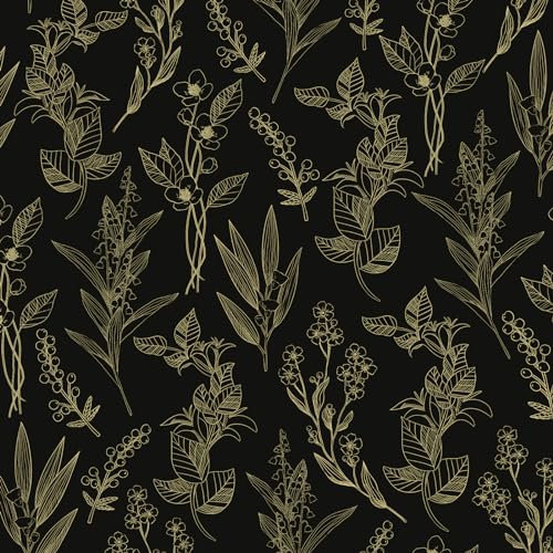 Fvlow Gold Leaf Peel and Stick Wallpaper - Vintage Black Floral - Kitchen Worktop Covering - Bedroom Furniture Sticker Décor - 44.5cmx300cm