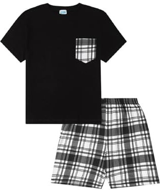 Pyjama court à carreaux écossais noir et blanc pour enfants, Noir , 12-13 ans