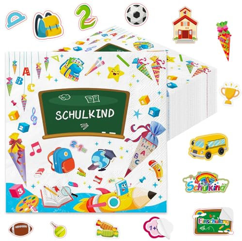 Wentsent Einschulung Deko, 40Stück Servietten Schulanfang + 100Stück Konfetti Aufkleber Einschulung Zuckertüten ABC 123 Set,Schulkind Deko Schuleinführung Deko 1. Schultag Tischdeko für Mädchen Jungen